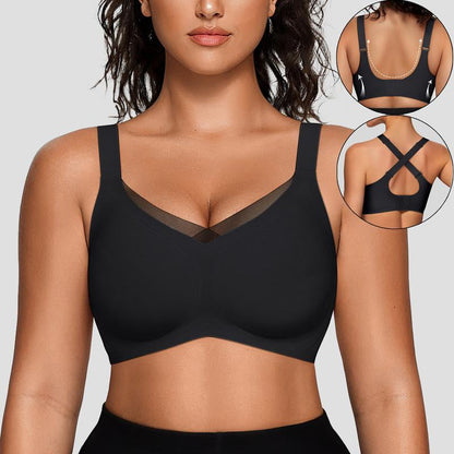 🎉🏆️Women Wireless V Neck Crossover Mesh Bras Comfortable Bralette Supportive Tshirt Bra No Underwire Seamless Push Up Everyday Bras