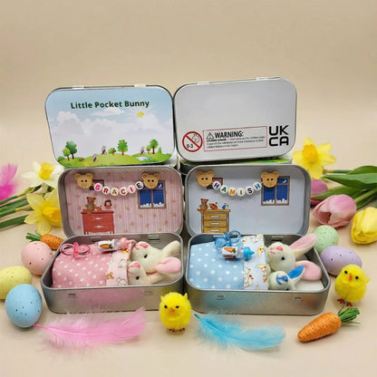 🔥Easter Best Gift!!🎁🐇Bunny Easter Plush Mummy And Baby Bunnies In Pocket Tin: Role Play Sibling Gift