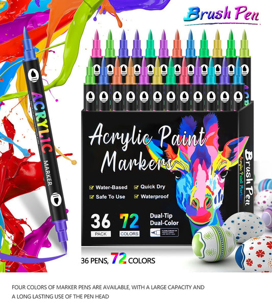 🎨Last Day⚡50K+ SOLD!💥EACH COLOUR ONLY ￡0.23!!!✨🔥 Dual Tip Acrylic Paint Pen Marker - 24/48/72 Colors