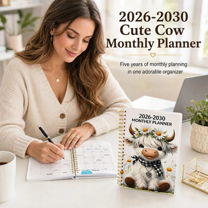 🐮 2026-2030 Calendar 📅  - From January 2026 to December 2030, 5-year calendar, cartoon Highland cow themed cover design, annual calendar planning, month labels, 60-month calendar