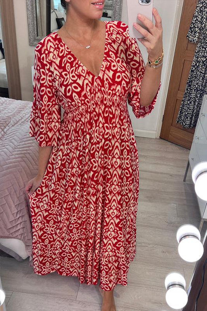 🔥Hot Sale-Free shipping for 3 pieces（10% OFF）🔥Casual print, V-neck long dress, exudes charming appeal!！