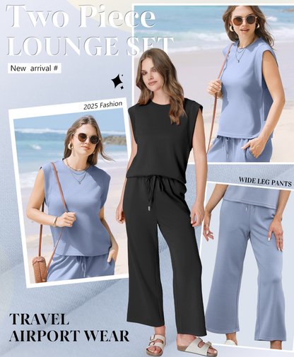 💕Last Day Promotion 49% OFF🔥2025 New Women's Casual Cap Sleeve Top Wide Leg Crop Pants Two Piece Sets