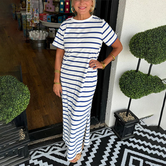 🔥Summer Is Coming🔥Round Neck Slit Hem Striped Maxi Dress
