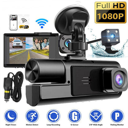 🚗 Triple Camera Dash Cam: 1080P Full HD, Front/Interior/Rear, Night Vision, G-Sensor, Parking Mode