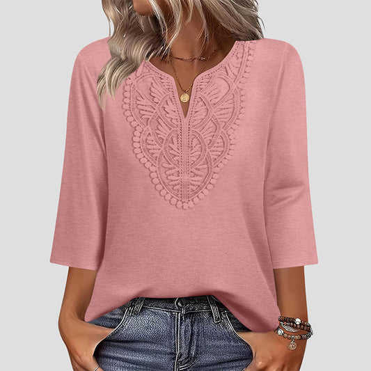 💗Limited time special price💕Lace-Trim V-Neck Blouse – Breathable Fabric & Flattering Drape